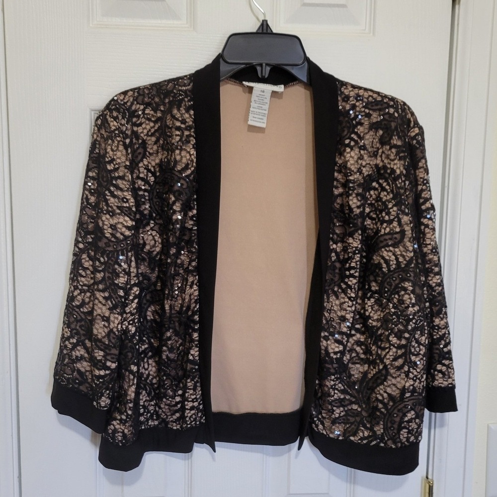 Drapers & Damons Womens 18 Black Lace Sequin Open Front Jacket Evening Shrug 3/4